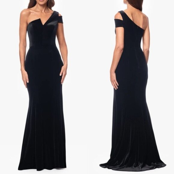 Betsy and Adam Ella Velvet One Shoulder Long Black Gown Dress Size 8 - Picture 1 of 11